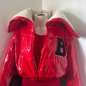 Red Puffer Jacket with Letter Patch